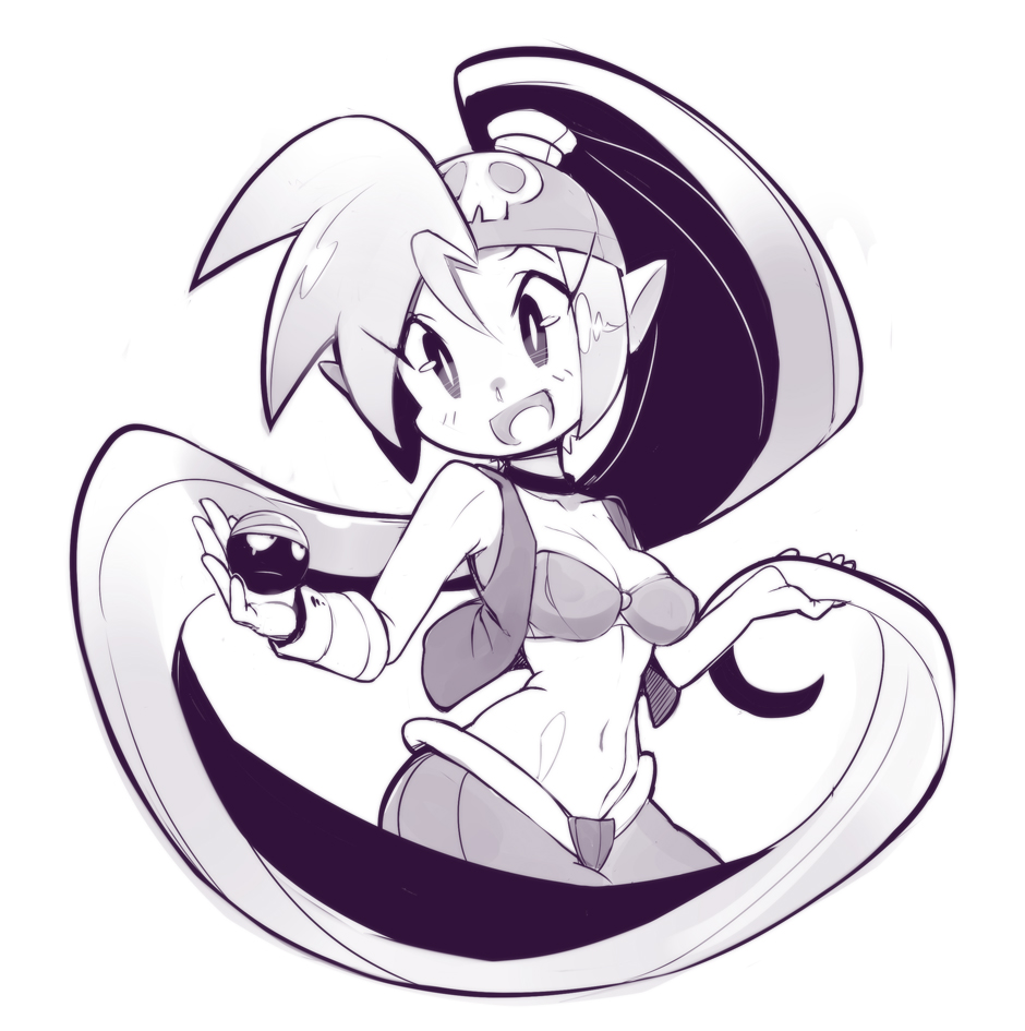 1girl alternate_costume bandana bandeau cropped_legs long_hair monochrome pointy_ears ponytail shantae shantae_(character) shantae_and_the_pirate's_curse sho-n-d skull small_breasts solo very_long_hair vest