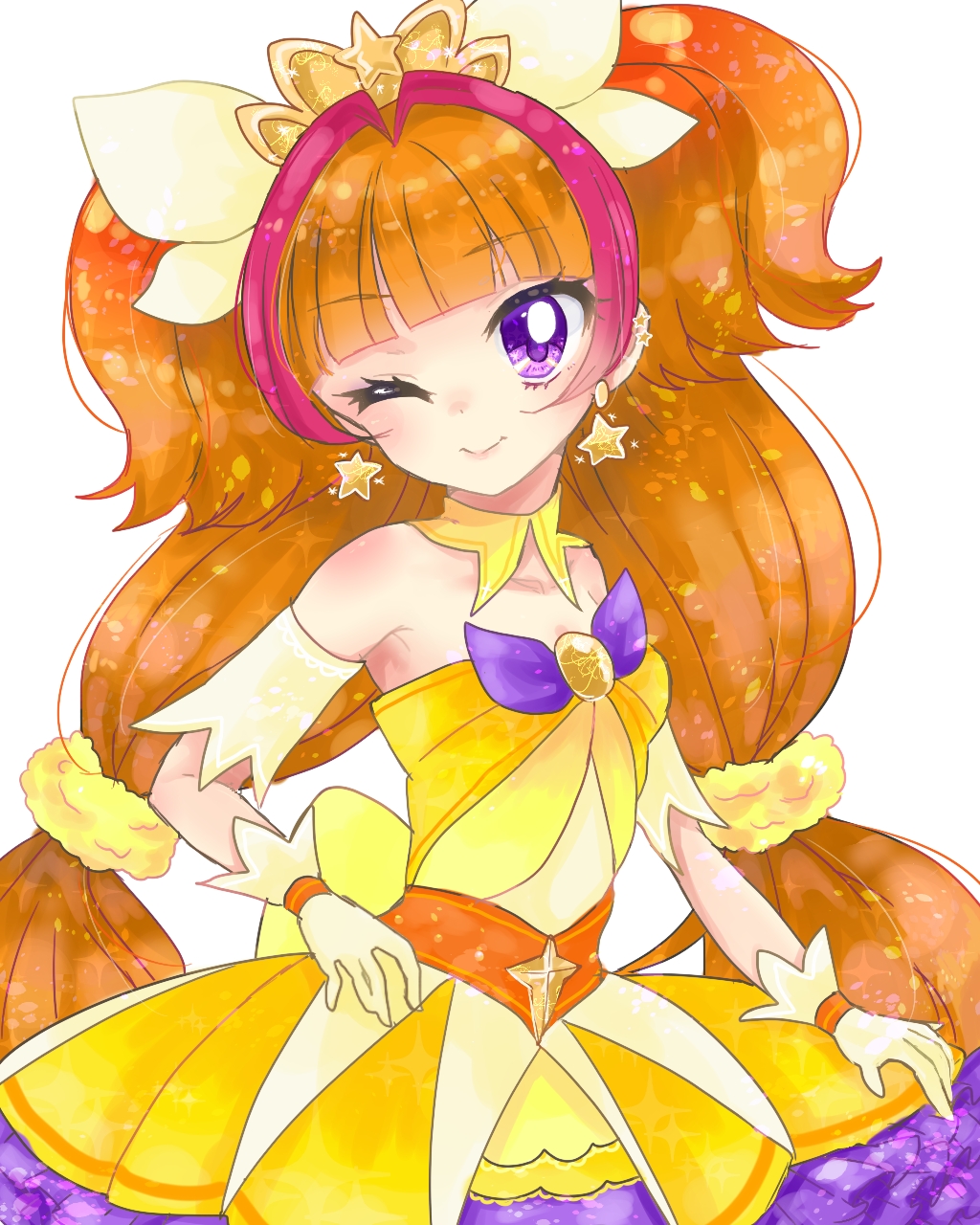 amanogawa_kirara blush cure_twinkle dress gloves go!_princess_precure long_hair magical_girl orange_hair purple_eyes smile twintails wink