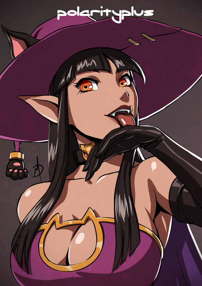 1girl animal_ears bangs bare_shoulders black_gloves black_hair blunt_bangs borrowed_character breasts cat_ears choker cleavage cleavage_cutout collarbone daniel_macgregor dark_skin elbow_gloves extra_ears fangs gloves hat large_breasts licking lips long_hair orange_eyes original payot pointy_ears ringed_eyes solo symbol-shaped_pupils tongue upper_body witch_hat