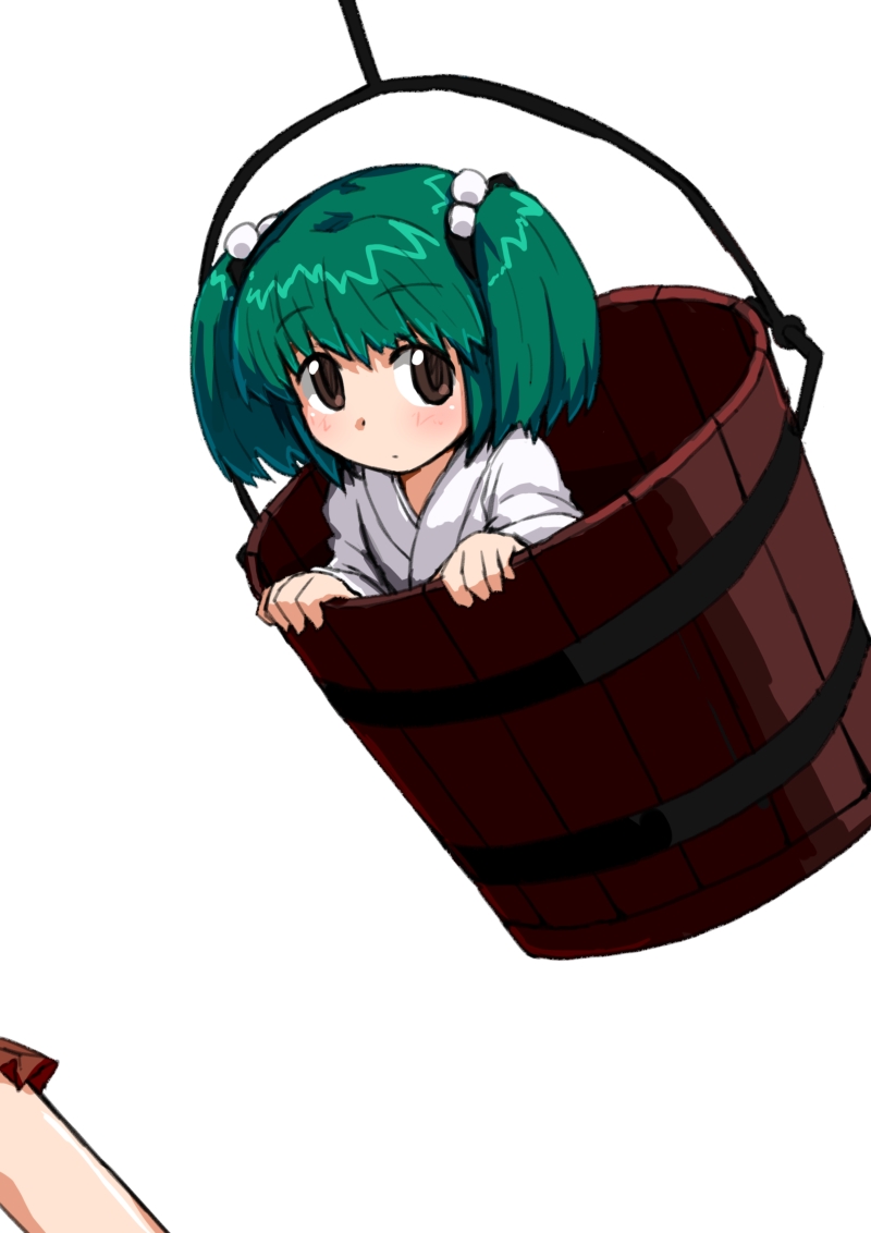 1girl bucket dai-erie green_eyes green_hair hair_bobbles hair_ornament in_bucket in_container kisume short_hair simple_background solo touhou twintails white_background