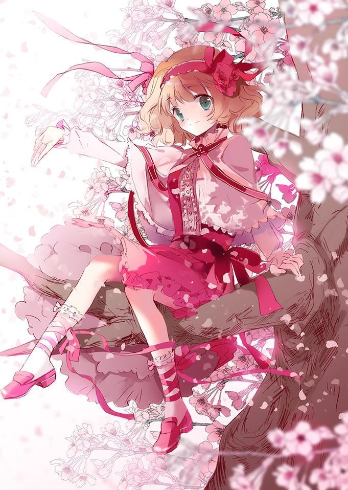 1girl alice_margatroid alternate_costume blonde_hair blue_eyes bow capelet cherry_blossoms cierra_(ra-bit) dress flower frills hairband in_tree leg_ribbon long_sleeves outstretched_arm petals pink_dress ribbon sash shoes short_hair sitting sitting_in_tree smile socks solo touhou tree white_legwear