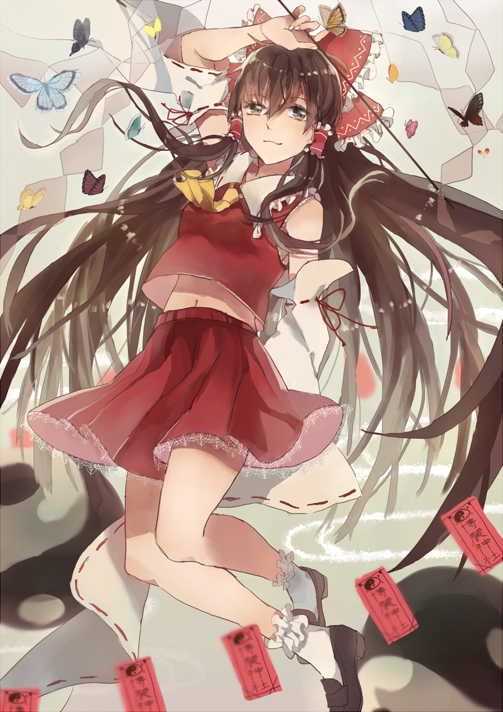 1girl arm_up ascot black_shoes blurry bow brown_eyes brown_hair butterfly depth_of_field detached_sleeves egasumi frilled_bow frilled_collar frilled_legwear full_body gohei hair_bow hakurei_reimu hanakon highres lace-trimmed_skirt legs long_hair midriff navel red_skirt ribbon-trimmed_collar ribbon-trimmed_sleeves ribbon_trim sarashi shiny shiny_hair skirt small_breasts smile socks solo talismans thighs touhou very_long_hair yin_yang