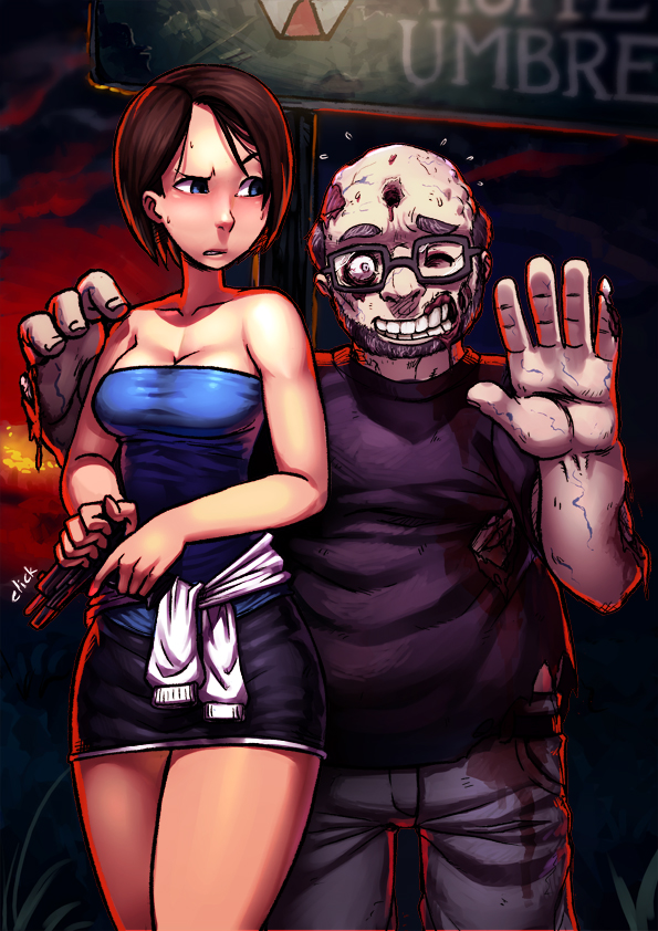 1boy 1girl bangs bare_shoulders blue_eyes blush breasts brown_hair bullet_hole casual cleavage clothes_around_waist glasses gun handgun jill_valentine koi_drake miniskirt pencil_skirt pistol resident_evil resident_evil_3 short_hair skirt strapless sweater_around_waist swept_bangs waving weapon zombie