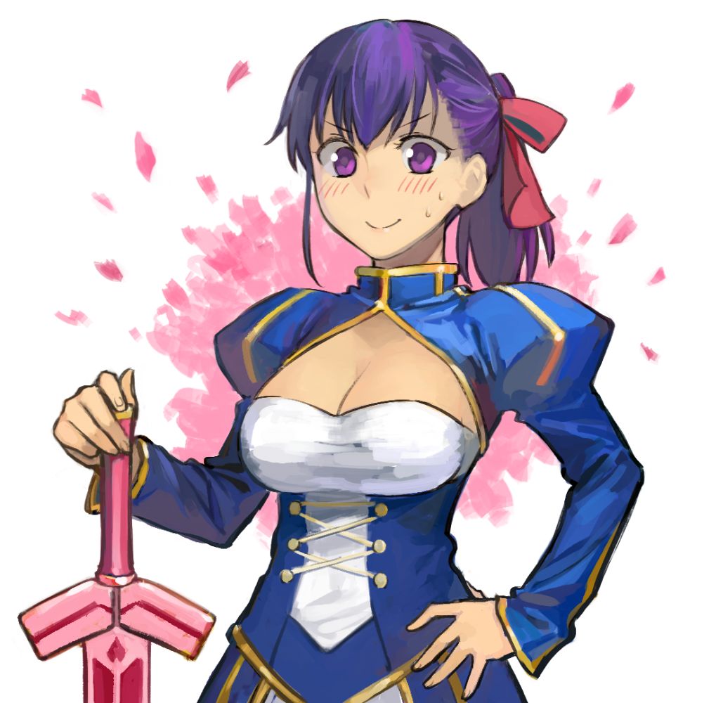 1girl b_suke blush breasts cleavage cleavage_cutout cosplay fate/stay_night fate_(series) hair_ribbon hair_up hand_on_hip matou_sakura ponytail purple_hair ribbon saber saber_(cosplay) smile solo sword violet_eyes weapon