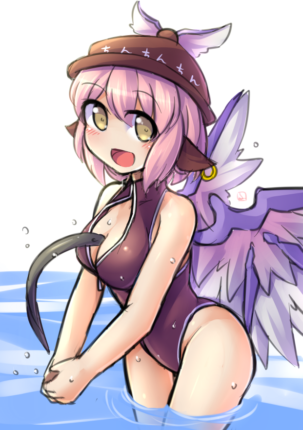 1girl :d alternate_costume animal_ears between_breasts blush breasts cleavage cleavage_cutout fish front_zipper_swimsuit fun_bo hat jewelry lamprey large_breasts looking_at_viewer mystia_lorelei one-piece_swimsuit open_mouth pink_hair short_hair simple_background single_earring sketch smile solo swimsuit touhou water wings yellow_eyes