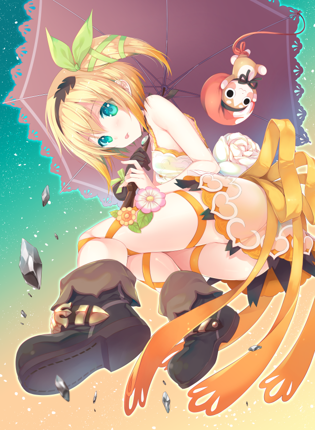 ass bare_shoulders blonde_hair edna_(tales) green_eyes shuragyoku_mami side_ponytail single_glove skirt tales_of_(series) tales_of_zestiria tongue tongue_out umbrella