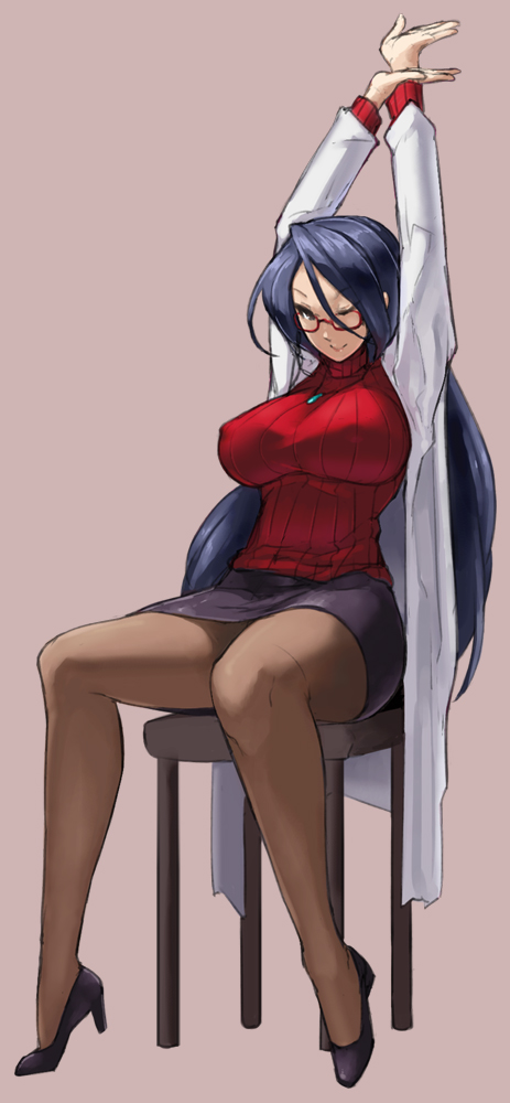 1girl arms_up black_hair black_legwear blush breasts chair eu03 glasses high_heels jewelry labcoat large_breasts long_hair looking_at_viewer minazuki_kyouko one_eye_closed pantyhose pencil_skirt ribbed_sweater rival_schools rival_schools:_united_by_fate simple_background sitting skirt smile solo sweater turtleneck turtleneck_sweater