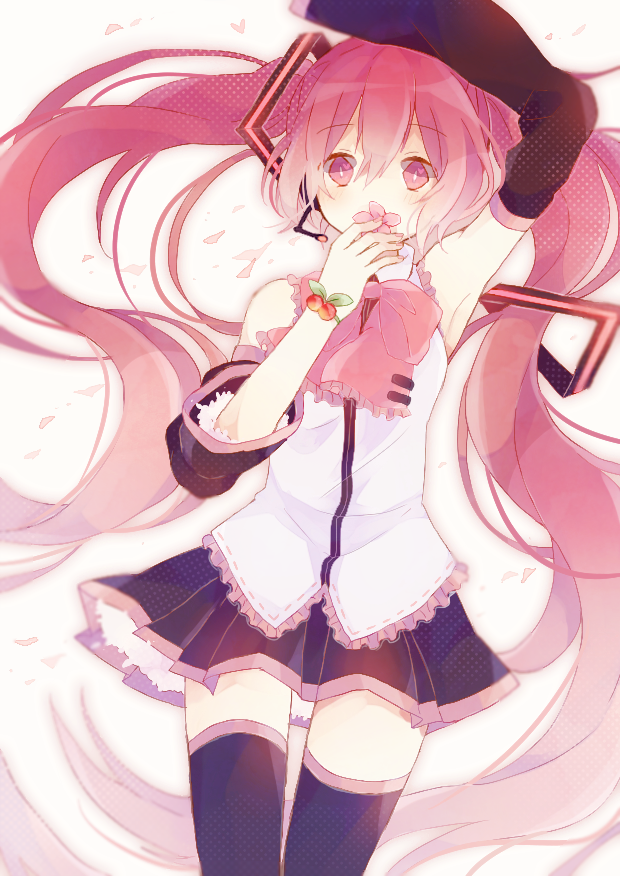 1girl arm_above_head armpits artist_request bangs bare_shoulders detached_sleeves hatsune_miku headset long_hair looking_at_viewer nail_polish petals pink_eyes pink_hair pink_nails ribbon sakura_miku skirt smelling_flower solo thigh-highs twintails very_long_hair vocaloid wristband