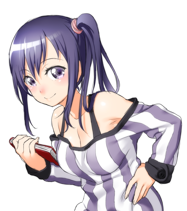 1girl bare_shoulders blue_hair blush book breasts cleavage collarbone detached_sleeves holding imai_midori leaning_forward long_hair long_sleeves looking_at_viewer onsoku_maru shiny shiny_hair shirobako side_ponytail smile solo vertical-striped_shirt violet_eyes