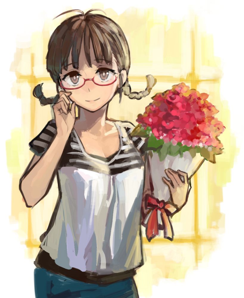 1girl akizuki_ritsuko antenna_hair b_suke bouquet braid brown_eyes brown_hair flower glasses hand_on_own_cheek holding idolmaster short_hair smile solo twin_braids