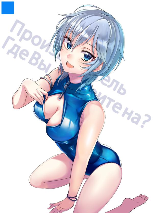 1girl anastasia_(idolmaster) ashita_(2010) blue_eyes breasts cleavage front_zipper_swimsuit idolmaster idolmaster_cinderella_girls one-piece_swimsuit open_mouth russian short_hair silver_hair smile solo swimsuit translation_request