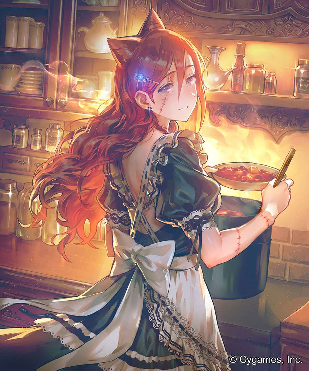 1girl apron black_dress bowl brown_hair cabinet ceres_(shingeki_no_bahamut) company_name dress dutch_angle earrings facial_scar food from_behind from_side glint hair_between_eyes hair_ornament hairclip highres holding holding_bowl indoors jar jewelry kitchen long_hair looking_back official_art okada_manabi parted_lips plate pot puffy_short_sleeves puffy_sleeves ribbon-trimmed_clothes ribbon_trim scar shingeki_no_bahamut short_sleeves smile solo sparkle standing stew teapot violet_eyes waist_apron watermark white_apron