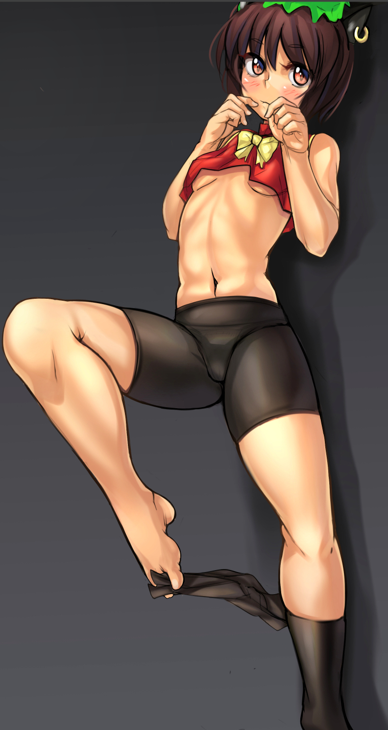 1girl animal_ears ayakumo bare_arms bare_legs bike_shorts blush bow breasts brown_eyes brown_hair cat_ears chen crop_top ear_piercing highres jewelry looking_at_viewer midriff mob_cap navel piercing single_earring small_breasts socks solo touhou under_boob