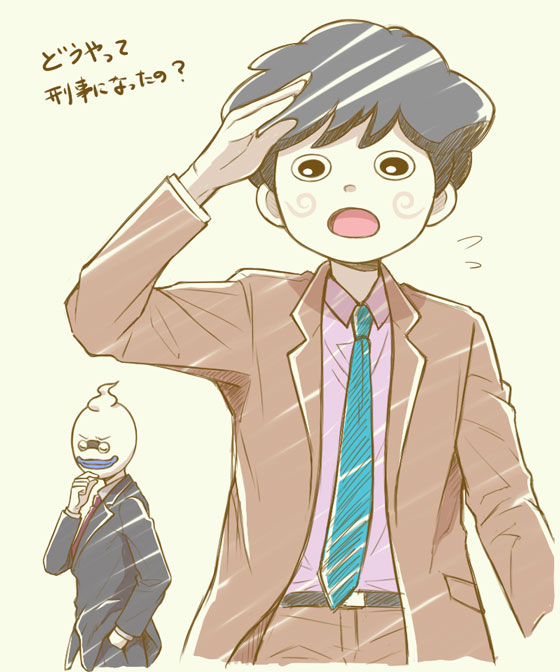 2boys black_eyes black_hair closed_eyes cowboy_shot cyaneko formal hand_in_pocket koma-san male_focus multiple_boys necktie open_mouth personification short_hair suit translation_request whisper_(youkai_watch) youkai_watch