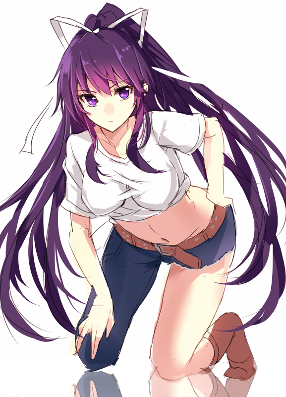 1girl aosaki_yukina asymmetrical_clothes belt denim hair_ribbon jeans kanzaki_kaori long_hair navel pants ponytail purple_hair ribbon to_aru_majutsu_no_index violet_eyes