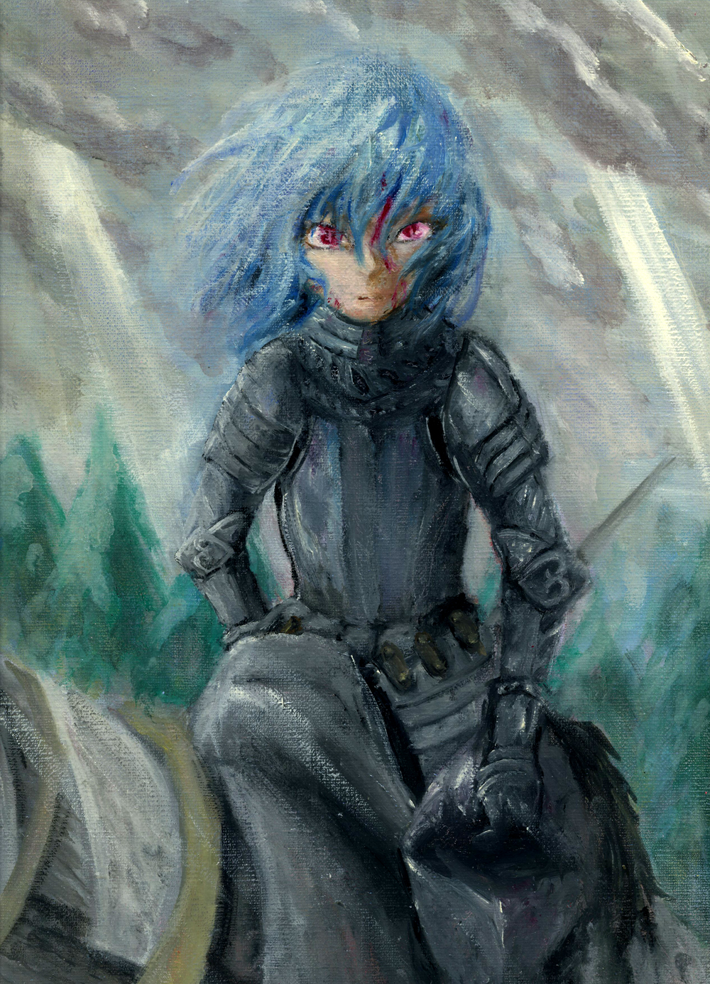1girl blood blood_on_face blue_hair clouds cloudy_sky forest headwear_removed helmet helmet_removed highres horseback_riding knight light_rays looking_at_viewer nature oil_painting_(medium) red_eyes remilia_scarlet riding serious sky solo sunbeam sunlight touhou traditional_media tree