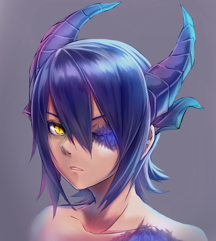 1girl horns kantai_collection one_eye_closed parted_lips purple_hair ruuto_(ruto3) scales short_hair solo tenryuu_(kantai_collection) upper_body yellow_eyes