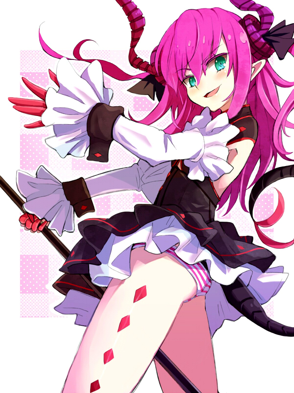 1girl aqua_eyes asymmetrical_horns claws detached_sleeves diamond_(shape) dress fate/extra fate/extra_ccc fate_(series) frills horns lancer_(fate/extra_ccc) long_hair open_mouth panties pink_hair pointy_ears red_nails smile solo striped striped_panties tail underwear yude
