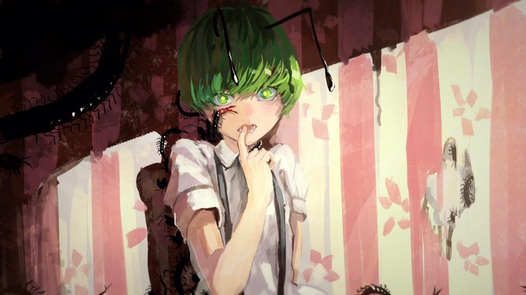 1girl androgynous antennae centipede finger_to_mouth glowing glowing_eyes green_eyes green_hair insect kaatoso looking_at_viewer open_mouth puffy_sleeves shade shirt short_hair short_sleeves solo touhou wriggle_nightbug