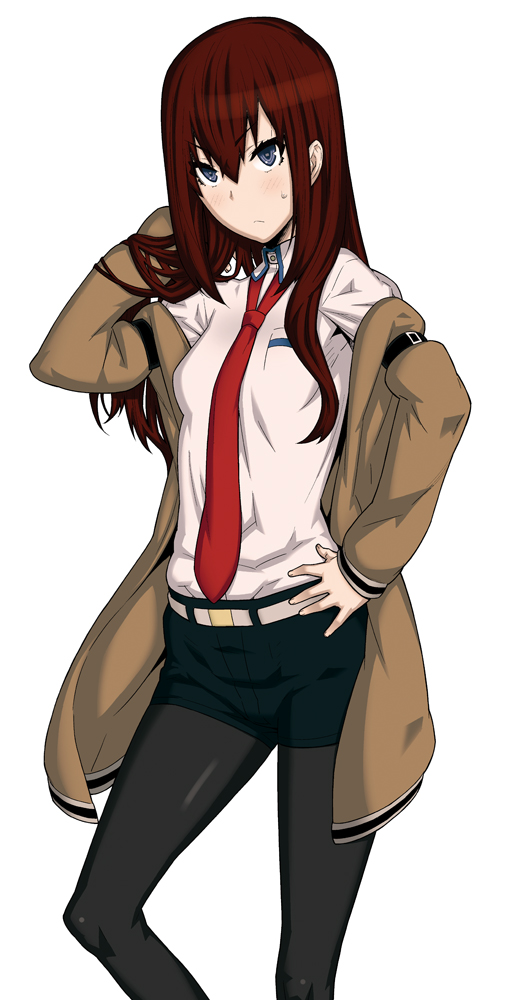 1girl blue_eyes brown_hair hand_on_hip jacket labcoat legwear_under_shorts long_hair makise_kurisu necktie pantyhose shorts solo steins;gate sweatdrop violet_eyes