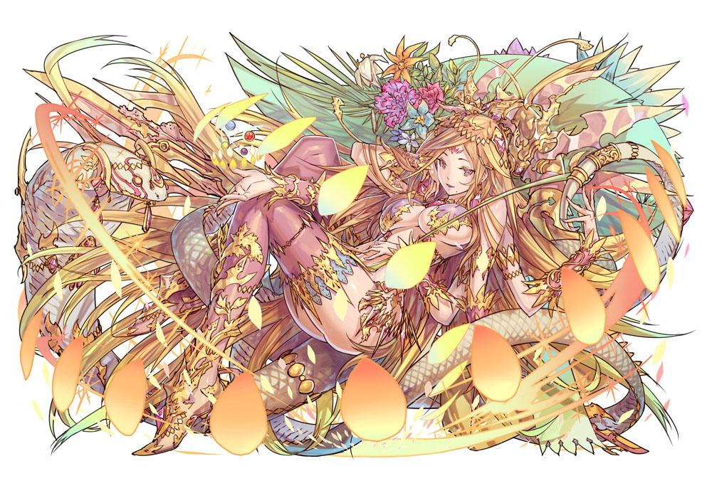 1girl blonde_hair breasts cobra_(animal) flower hair_ornament headdress kali_(p&amp;d) long_hair mole mole_under_mouth multiple_arms puzzle_&amp;_dragons snake solo thigh-highs