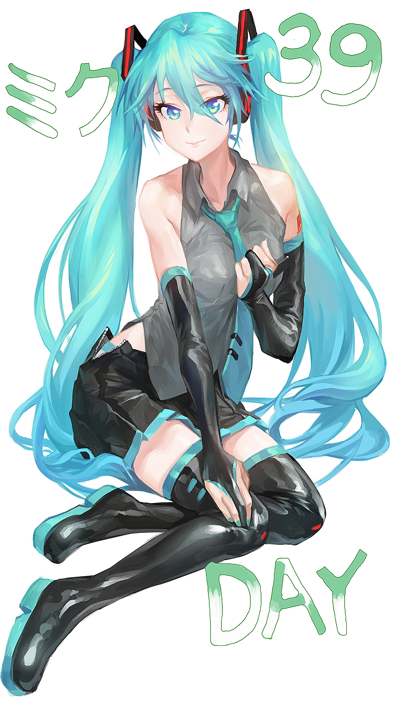 aqua_eyes aqua_hair black_legwear boots detached_sleeves hand_on_own_chest hatsune_miku highres mossi necktie panty_peek sitting skirt sleeveless smile thigh-highs thigh_boots twintails unzipped vocaloid