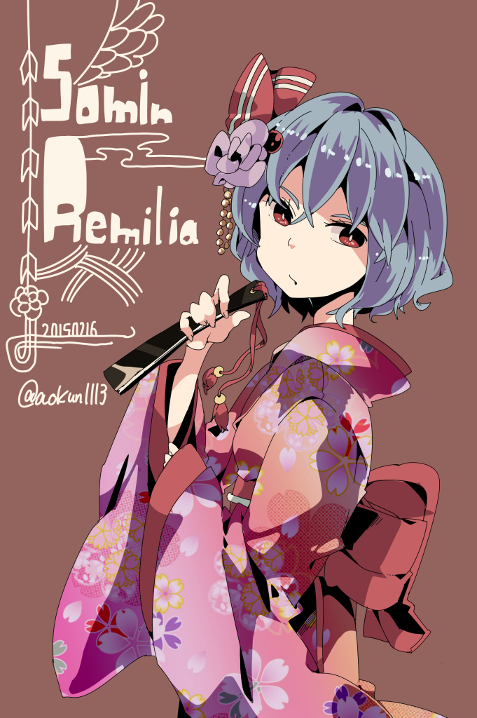 1girl alternate_costume blue_hair bow fan flower from_side hair_bow hair_flower hair_ornament japanese_clothes kimono looking_at_viewer red_eyes remilia_scarlet short_hair solo touhou wide_sleeves yoshinaga_p