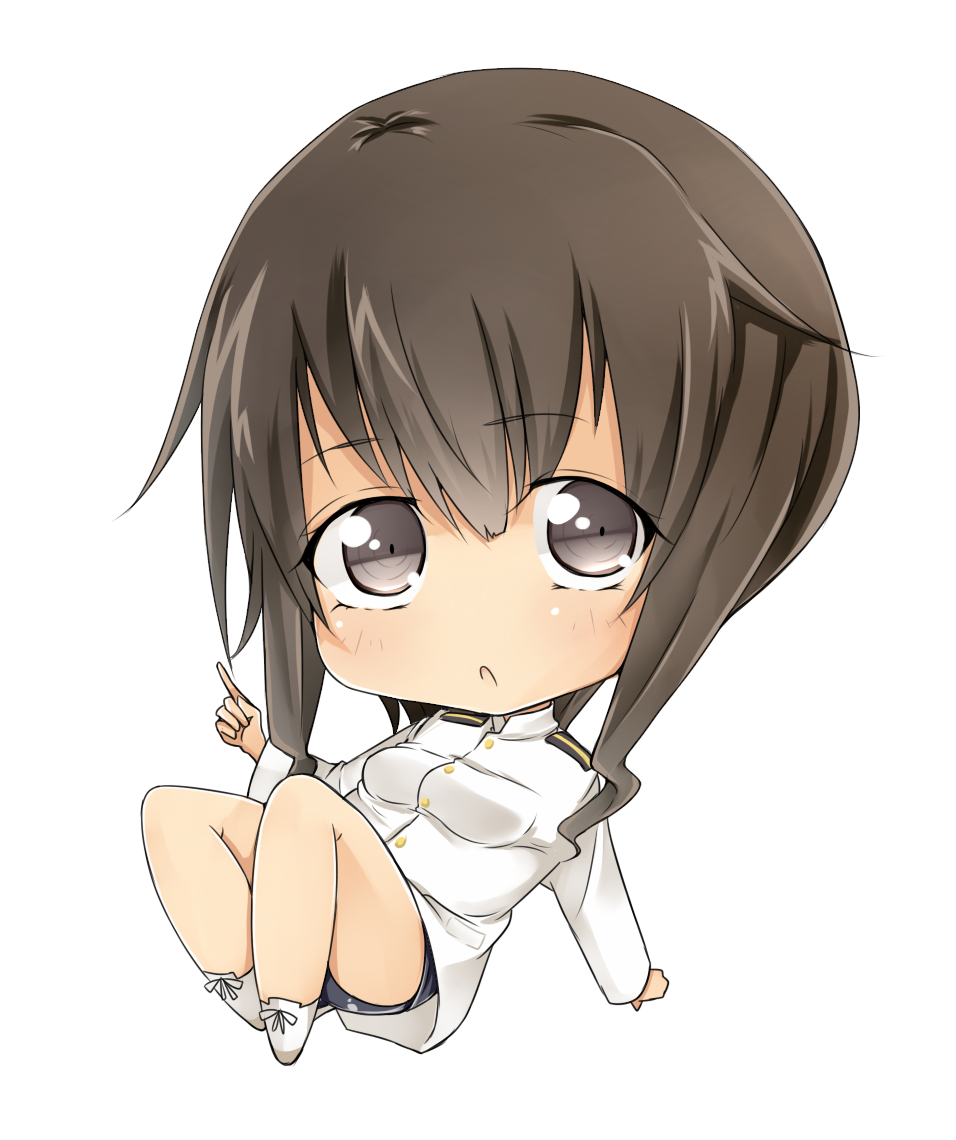 1girl blush brown_eyes brown_hair chibi hatsumi_nekuta long_hair long_sleeves military military_uniform open_mouth payot school_swimsuit simple_background solo strike_witches swimsuit swimsuit_under_clothes takei_junko uniform white_background