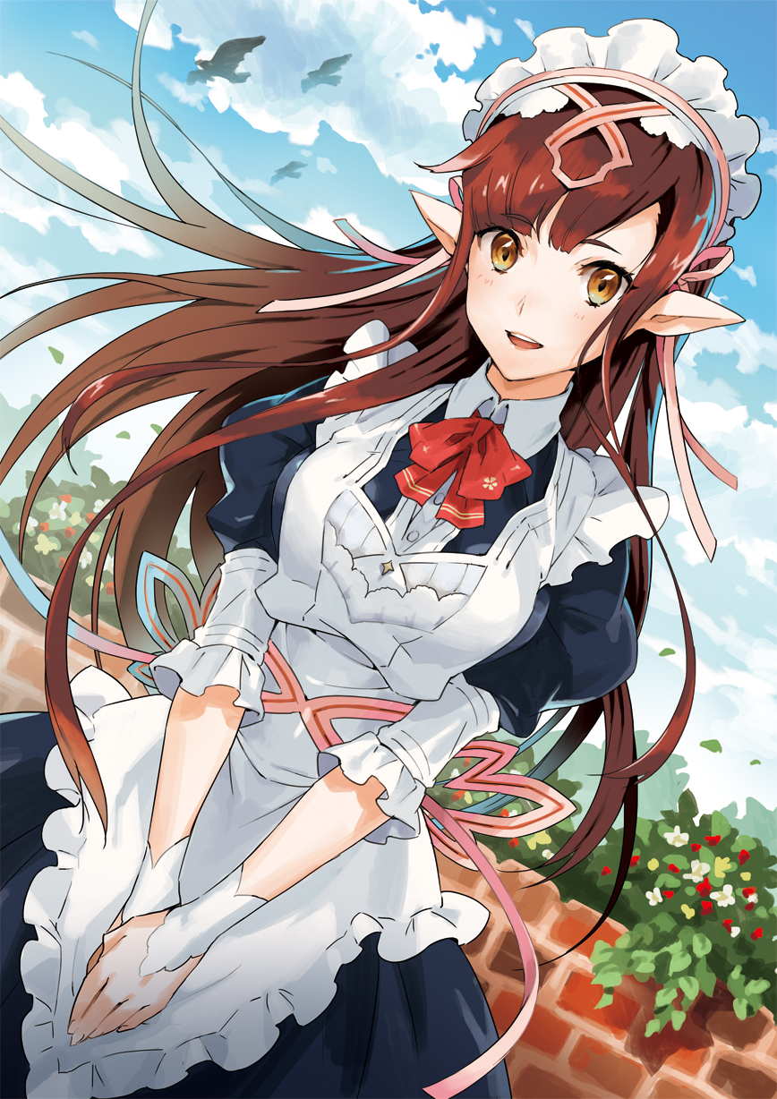 1girl apron bangs blurry blush breasts brown_eyes brown_hair bush buttons clouds cloudy_sky depth_of_field dress elf frills hair_ornament hair_ribbon highres kyuusugi_toku large_breasts long_hair looking_at_viewer maid maid_apron maid_headdress original outdoors pointy_ears ribbon short_sleeves sky smile solo standing very_long_hair wall wind