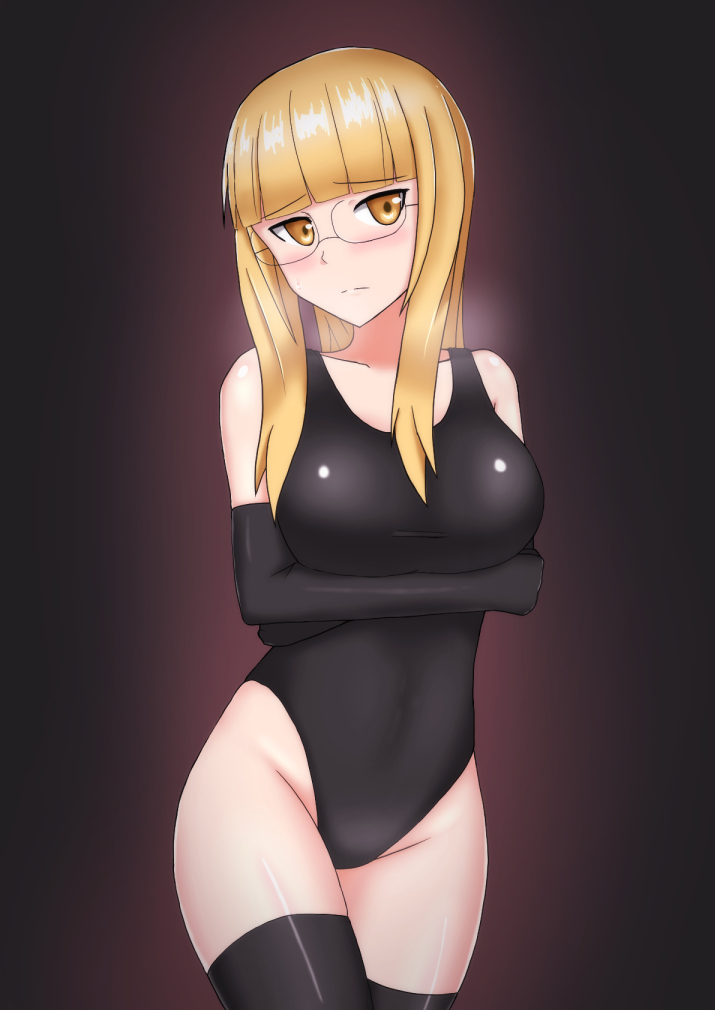 1girl blonde_hair competition_swimsuit female glasses hachimitsu-b long_hair one-piece_swimsuit perrine_h_clostermann solo strike_witches swimsuit tail thigh-highs yellow_eyes