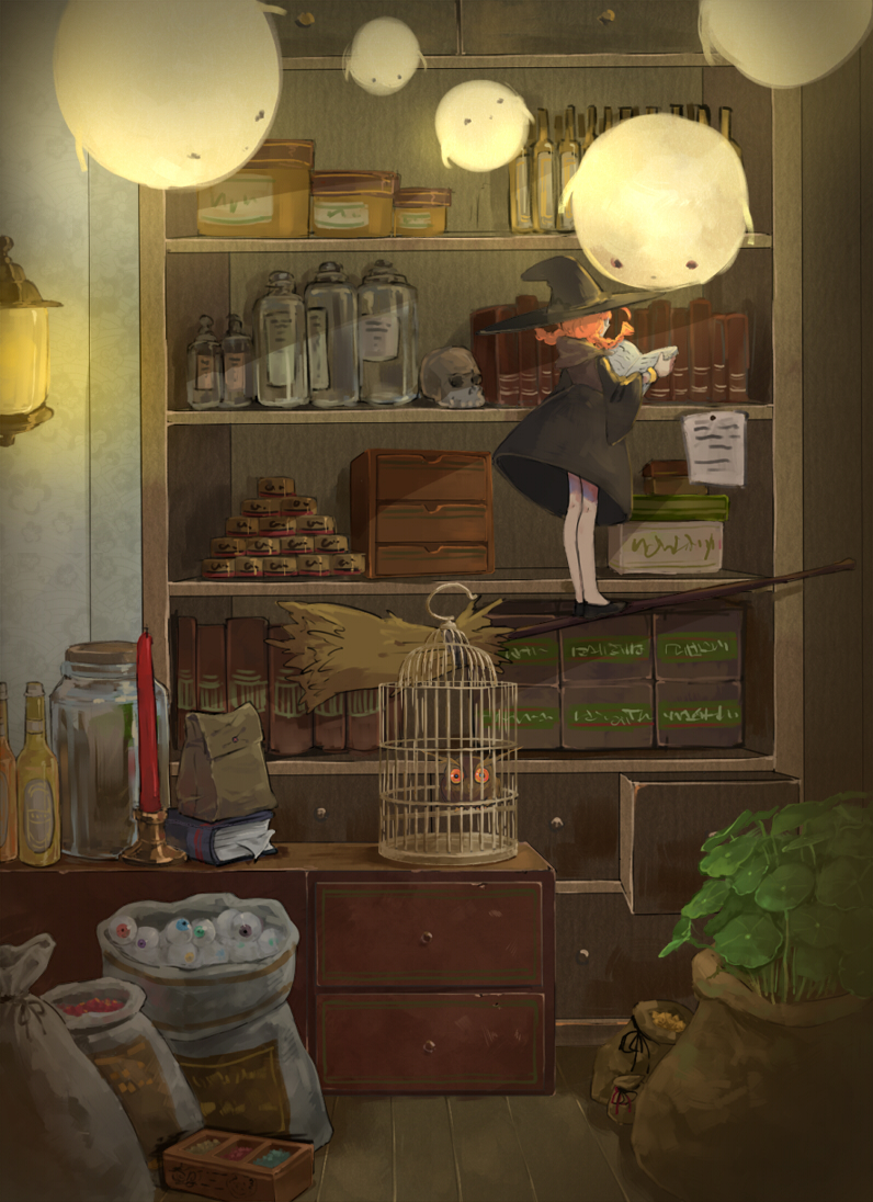 bird book bookshelf bottle braid broom broom_riding broom_surfing cage can candle dress eyeball from_side hat humanlynn indoors long_hair long_sleeves minigirl orange_hair original owl plant reading sack shoes skull twin_braids wide_sleeves witch witch_hat