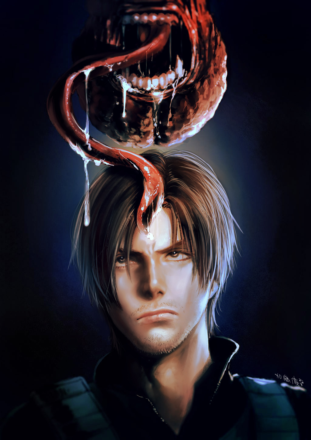blue_background brain brown_eyes brown_hair drooling exposed_brain fangs highres katou_teppei leon_s_kennedy licker_(resident_evil) long_tongue looking_up no_eyes resident_evil resident_evil_6 tagme tongue tongue_out