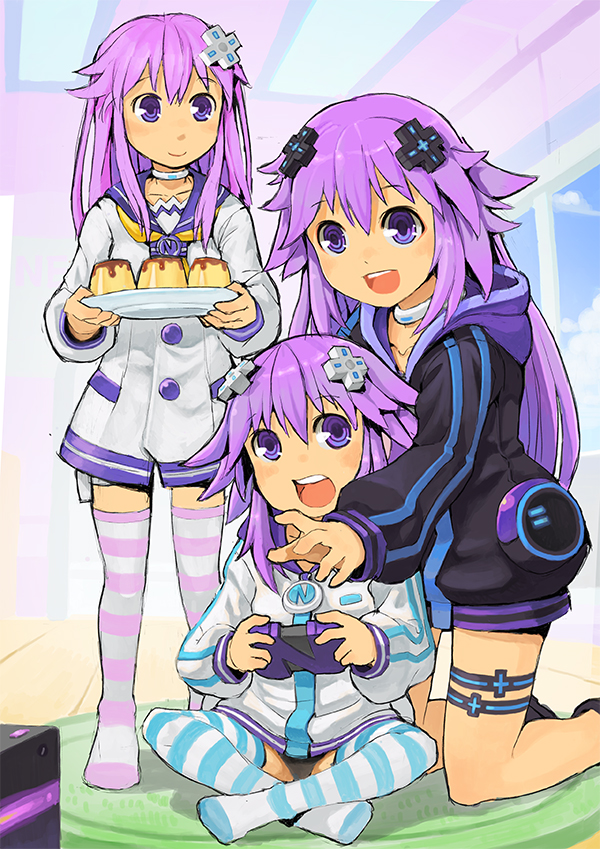 choujigen_game_neptune_mk2 dual_persona hoodie multiple_girls nepgear neptune_(choujigen_game_neptune) neptune_(series) pudding purple_hair segamark shin_jigen_game_neptune_vii siblings striped striped_legwear violet_eyes