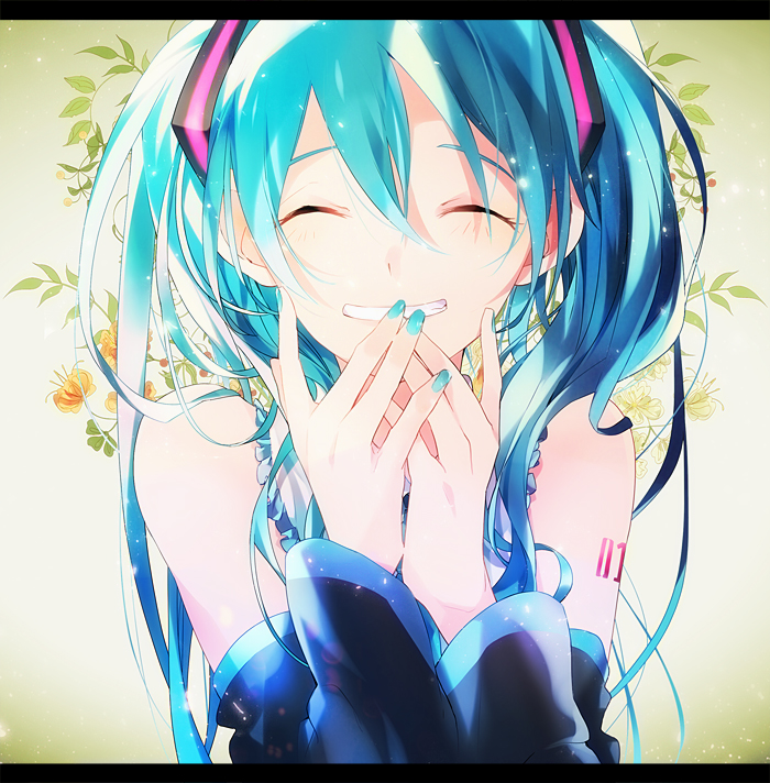 1girl aqua_eyes aqua_nails bare_shoulders closed_eyes covering_mouth detached_sleeves floral_background grin hatsune_miku kama_ri letterboxed smile solo tattoo twintails upper_body vocaloid