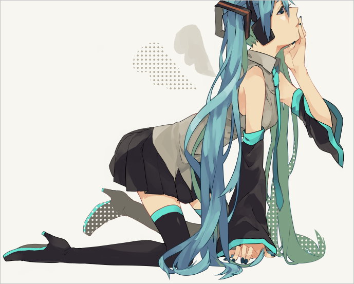 1girl all_fours blue_eyes blue_hair collared_shirt detached_sleeves hand_on_own_chin hatsune_miku headphones high_heels kouga_228 long_hair nail_polish necktie simple_background skirt solo thigh-highs twintails very_long_hair vocaloid white_background wings