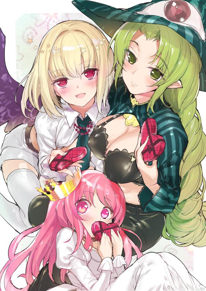 1boy 2girls :3 :d beatmania beatmania_iidx black_bra blonde_hair blush bra braid breasts character_request cleavage covering_mouth crown dress eyeball green_eyes green_hair hat heart-shaped_box incoming_gift jpeg_artifacts juliet_sleeves long_hair long_sleeves multiple_girls mutsutake open_clothes open_mouth open_shirt pink_eyes pink_hair plaid puffy_sleeves rche_(beatmania) red_eyes shorts smile striped thighhighs trap underwear valentine very_long_hair white_dress white_legwear wings witch_hat