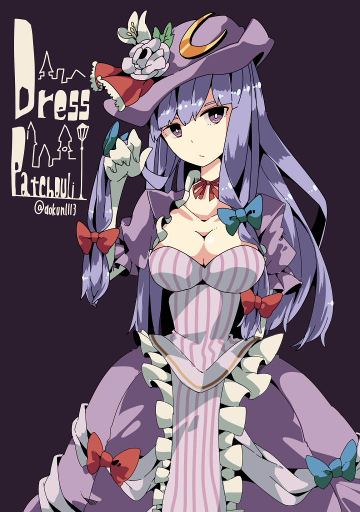 1girl adapted_costume bow breasts cleavage collarbone crescent_hair_ornament flower hair_bow hair_ornament hat hat_flower long_hair patchouli_knowledge purple_hair solo touhou violet_eyes yoshinaga_p