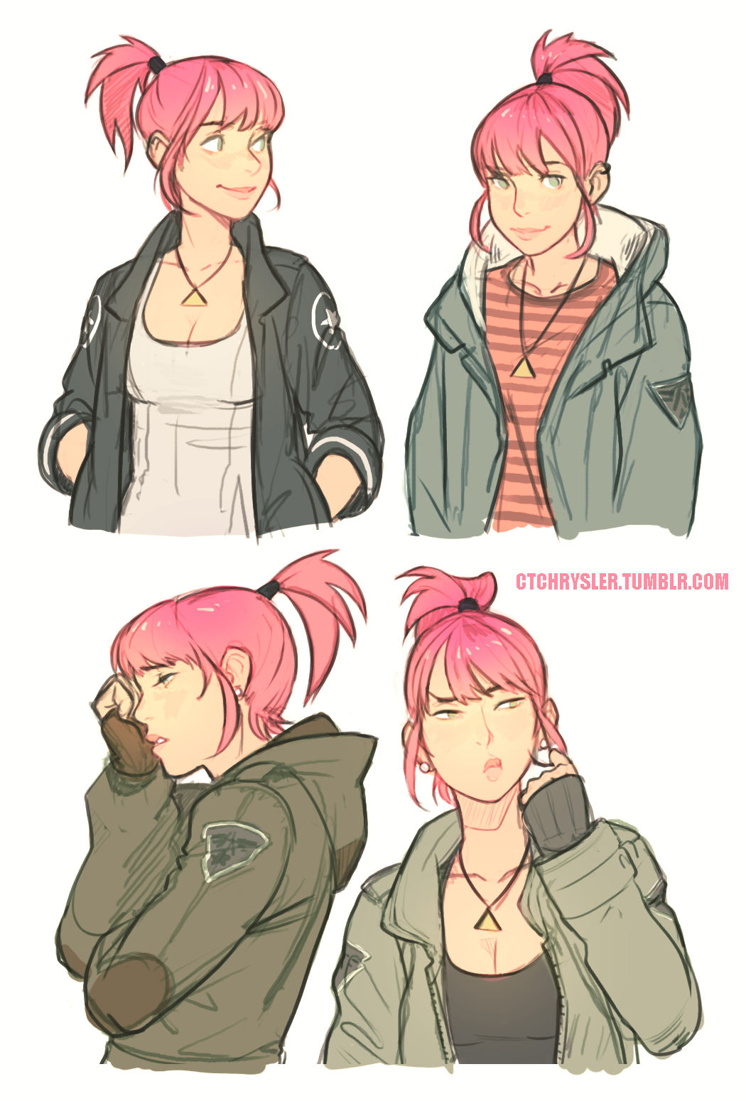 1girl alternate_hair_length alternate_hairstyle annie_mei annie_mei_project breasts caleb_thomas cleavage collage fashion green_eyes hands_in_pockets highres jacket jewelry lips necklace pendant pink_hair short_ponytail smile solo