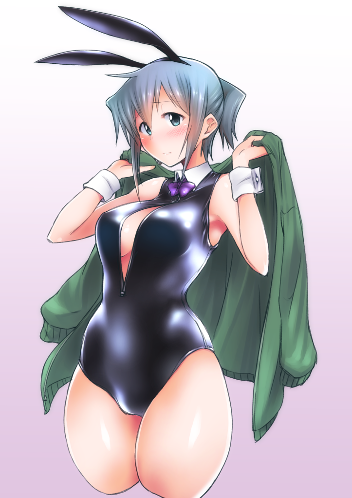 1girl animal_ears blush bowtie cardigan cowboy_shot do_(taka) front_zipper_swimsuit green_eyes green_hair hidamari_sketch nori payot rabbit_ears short_twintails solo twintails wrist_cuffs