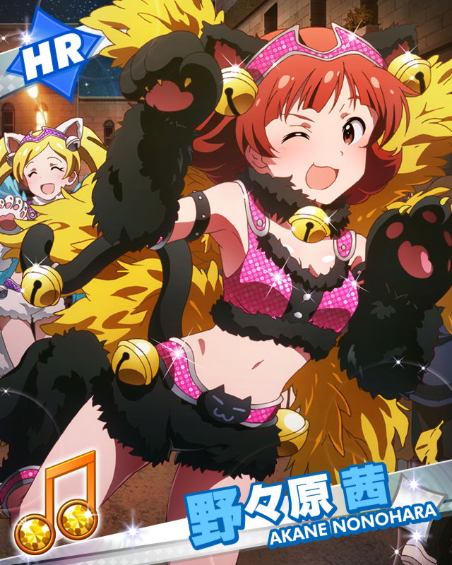 2girls ;d ^_^ bell bell_collar blonde_hair brown_hair cat_paws cat_tail character_name closed_eyes collar emily_stuart idolmaster idolmaster_million_live! looking_at_viewer multiple_girls musical_note nonohara_akane official_art one_eye_closed open_mouth paws short_hair smile tail