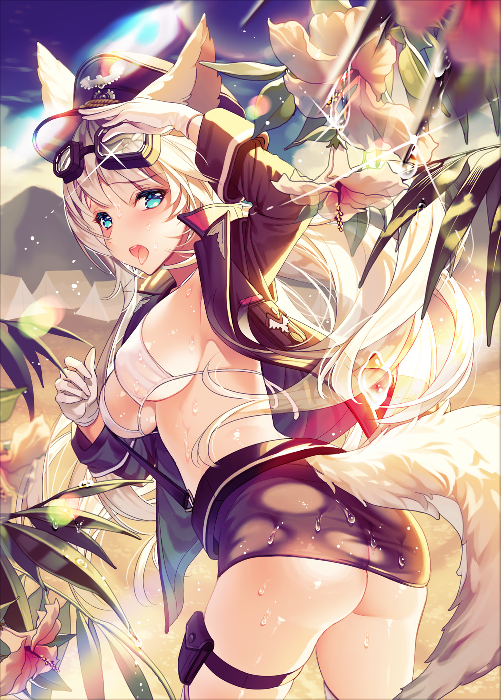 1girl animal_ears ass bikini bikini_top blonde_hair blue_eyes blush breasts cherrypin dripping flower fox_ears fox_tail goggles goggles_on_head hat highres long_hair looking_at_viewer open_clothes open_mouth original peaked_cap solo strap sweat sweating swimsuit tail thigh-highs tongue tongue_out uniform wet wet_clothes white_bikini white_legwear white_swimsuit