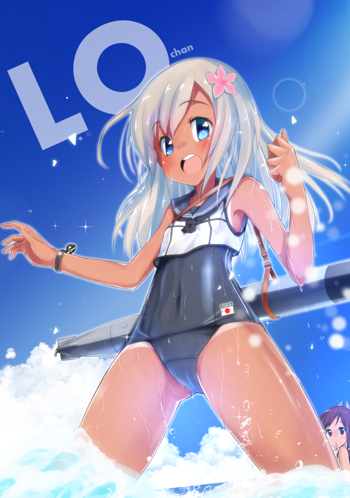 2girls blonde_hair blue_eyes crop_top flower hair_flower hair_ornament i-401_(kantai_collection) kantai_collection long_hair masamuuu multiple_girls ro-500_(kantai_collection) sailor_collar school_swimsuit swimsuit swimsuit_under_clothes tan tanline torpedo