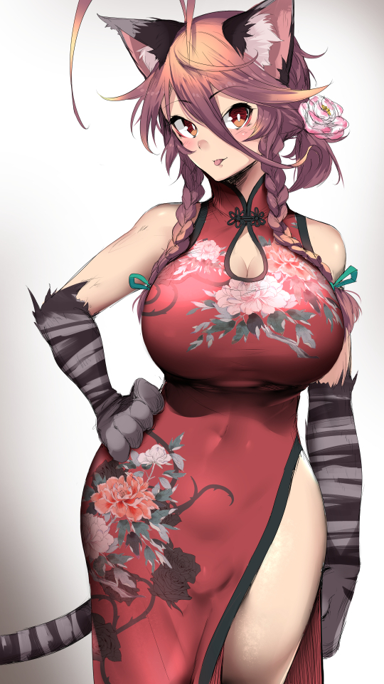1girl alternate_hairstyle animal_ears bare_shoulders braid breasts brown_eyes brown_hair cat_ears cat_tail china_dress chinese_clothes covered_navel curvy flower hair_flower hair_ornament large_breasts long_hair original paws solo tail tongue tongue_out twin_braids yana_(nekoarashi)