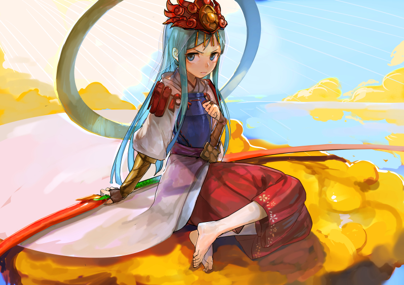 1girl amaterasu_(p&amp;d) blue_eyes blue_hair hagoromo hakama headpiece japanese_clothes long_hair muneate nuda puzzle_&amp;_dragons shawl sitting solo