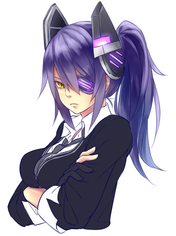 1girl alternate_hairstyle breasts crossed_arms eyepatch gloves headgear kantai_collection large_breasts long_hair looking_at_viewer ponytail purple_hair ruuto_(ruto3) school_uniform simple_background solo tenryuu_(kantai_collection) white_background yellow_eyes