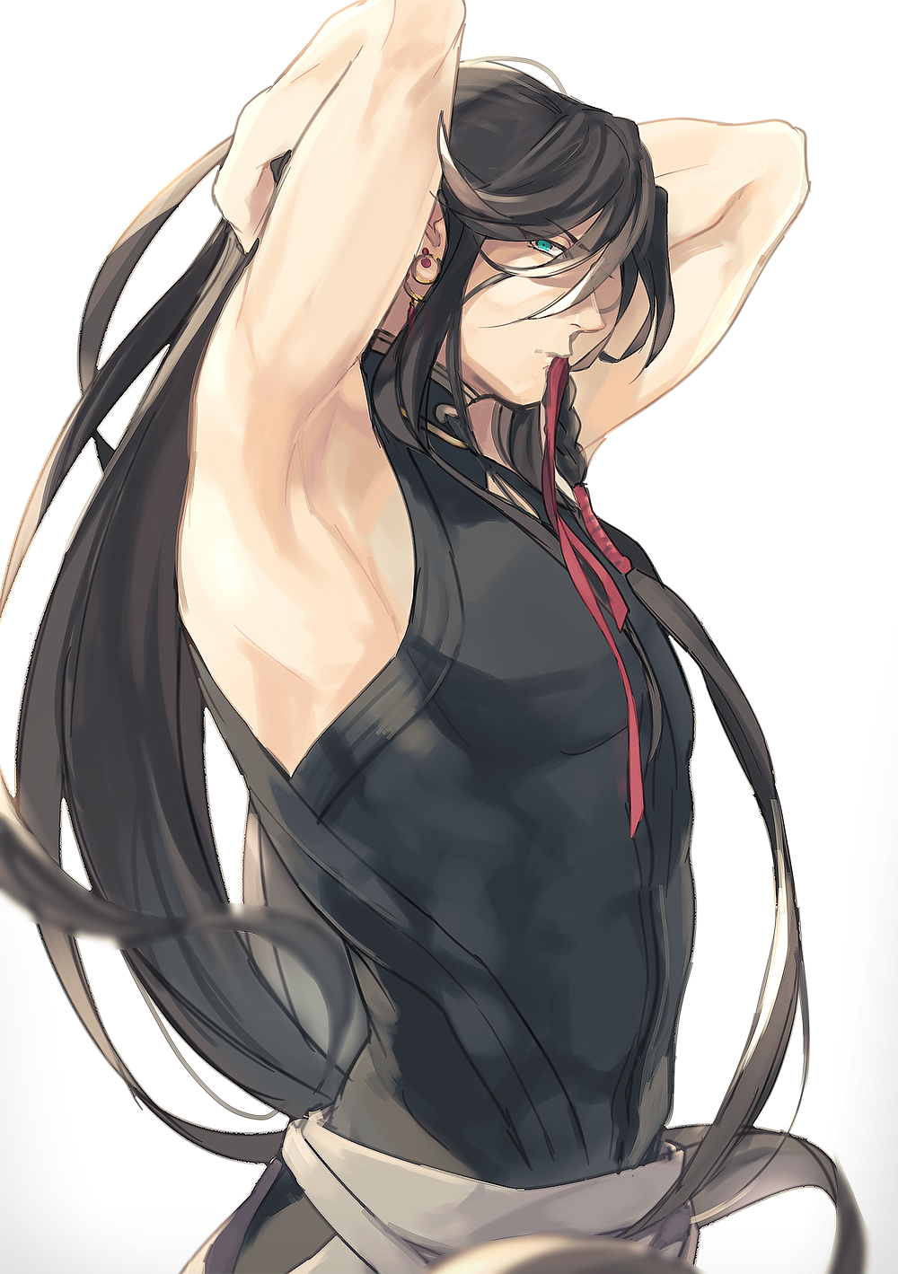 1boy adjusting_hair armpits arms_up bare_shoulders black_hair blue_eyes hanadi_(hndboo) highres izumi-no-kami_kanesada long_hair solo touken_ranbu tying_hair