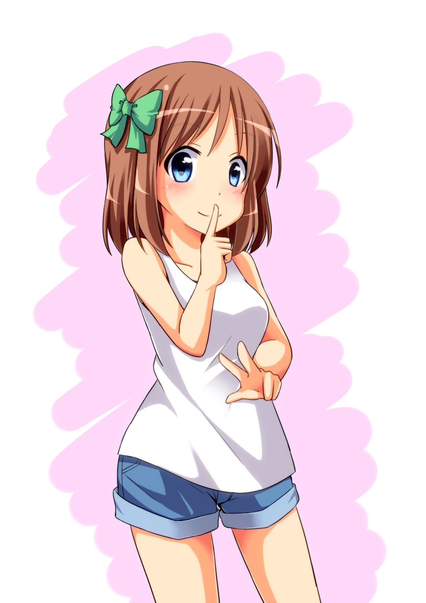 1girl blue_eyes blush bow breasts brown_hair finger_to_mouth hair_bow highres looking_at_viewer nitizyo original scribble short_hair short_shorts shorts smile solo tank_top w