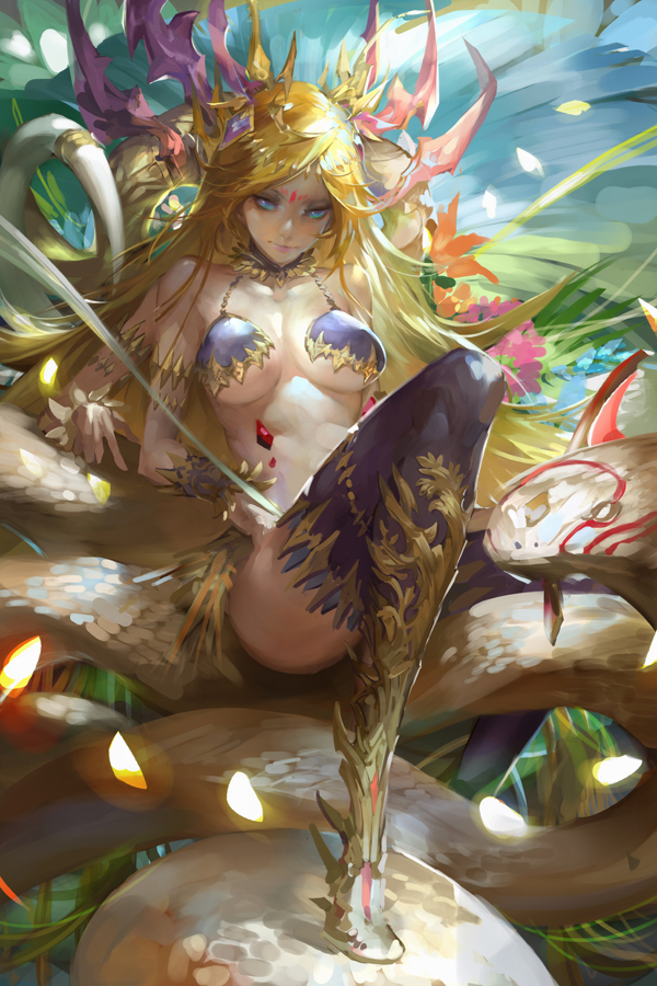 1girl ass bare_shoulders blonde_hair blue_eyes blue_hair boots breasts kali_(p&amp;d) long_hair puzzle_&amp;_dragons snake solo thigh-highs thigh_boots under_boob youshun_(naturaljuice)
