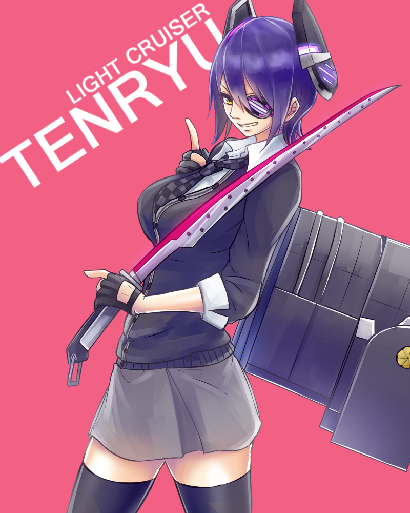 1girl black_legwear breasts character_name eyepatch gloves headgear kantai_collection large_breasts looking_at_viewer pink_background purple_hair ruuto_(ruto3) school_uniform short_hair simple_background skirt smile solo sword tenryuu_(kantai_collection) thigh-highs weapon yellow_eyes zettai_ryouiki