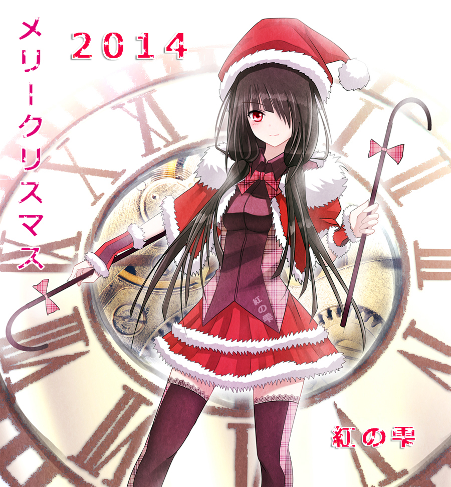 breasts date_a_live hat kurenai_no_shizuku long_hair looking_at_viewer red_eyes santa_costume santa_hat thigh-highs tokisaki_kurumi twintails very_long_hair